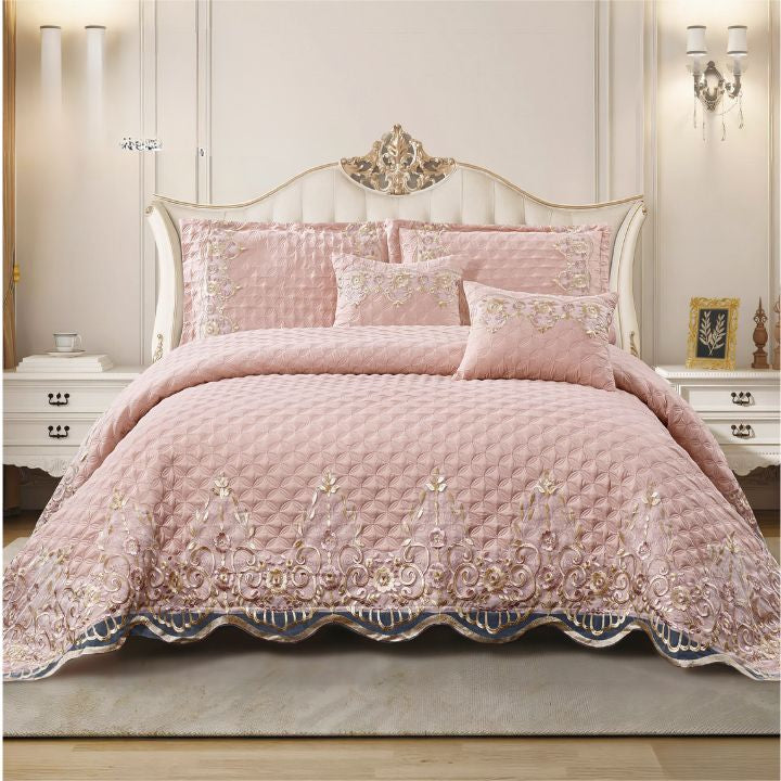 Luxury embroidered Zunaira bedding set by The Gharnish, five-piece bedding collection with intricate design details.