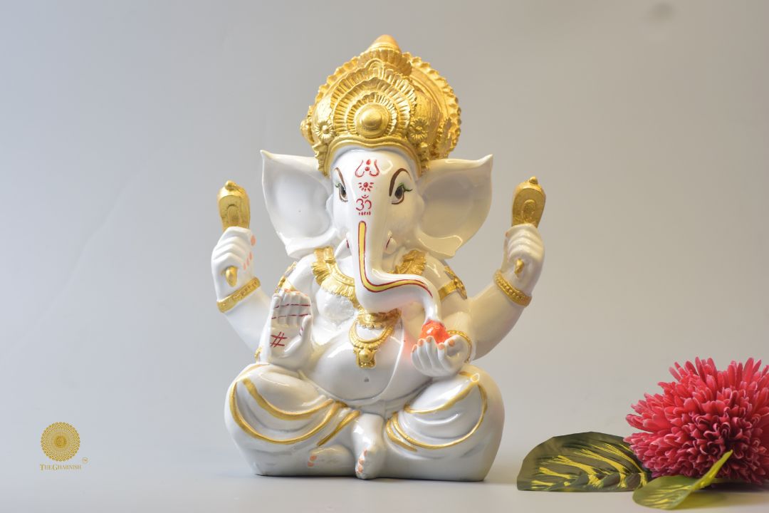 White Marble Laddoo Ganesha Statue - The Gharnish - A Unit of Satkala Creations