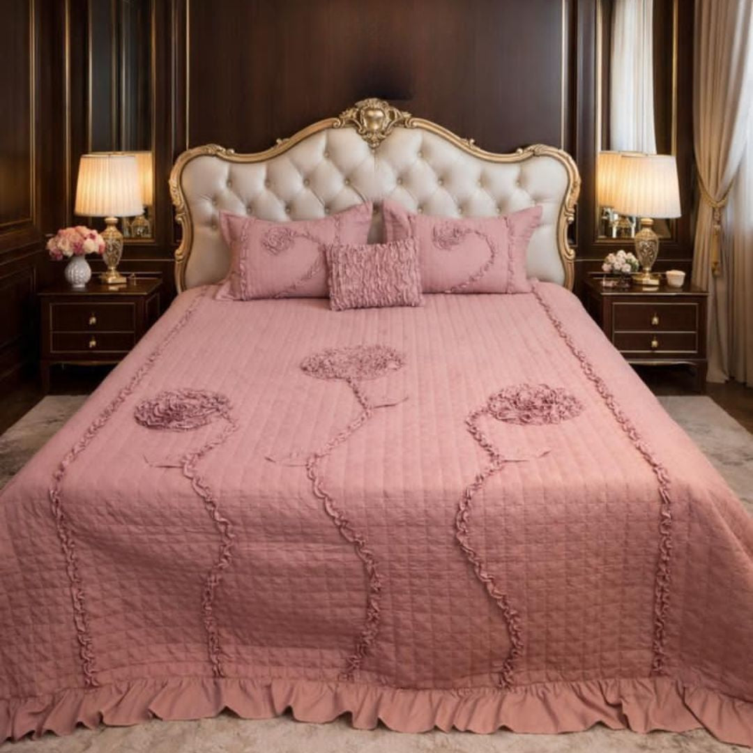 Ivory leaf handwork super designer king size quilted bedcover from The Gharnish, featuring intricate leaf embroidery on soft bedding fabric.