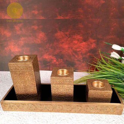 Wooden With Brass Coating Candle Holder Stand - The Gharnish - A Unit of Satkala Creations