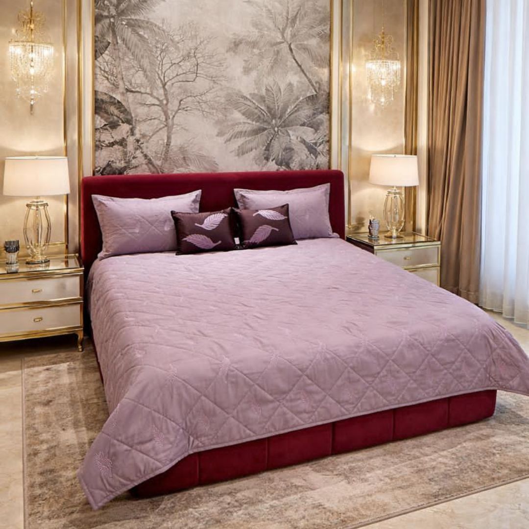 King size quilted bedcover by The Gharnish featuring Irish design and intricate quilting for a luxurious bedding look.