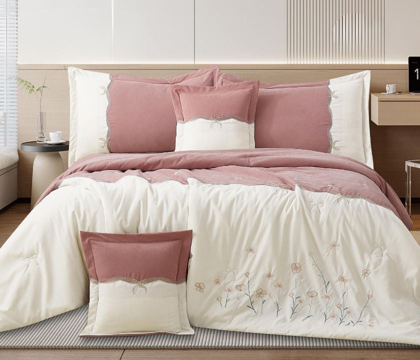 Floral embroidered bedcover set by The Gharnish, soft luxury bedding for modern bedrooms with intricate floral embroidery.