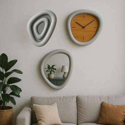 Organic Shape Wall Decor Set – Modern Clock, Mirror & Art Panel (Set of 3)