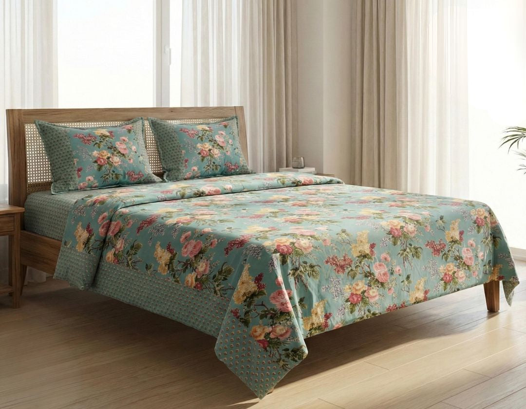 Pure cotton Super King size bedsheet set by The Gharnish, showcasing a soft, white bedding with intricate patterns and a smooth texture.