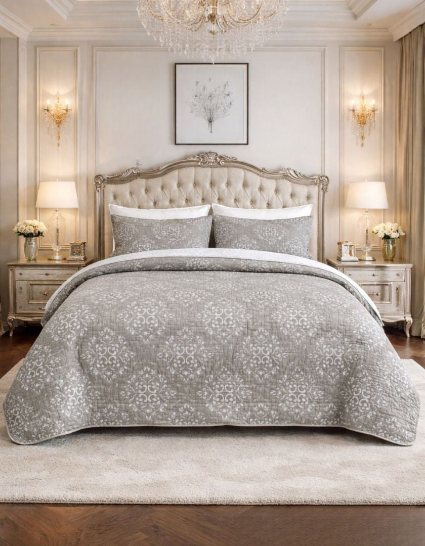 Reversible king size quilted bedcover with lightweight jacquard pattern by The Gharnish, showcasing plush quilting and elegant design.