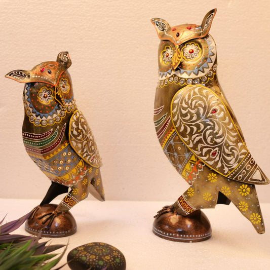 Metal Multicolor Painted Owl Set of 2