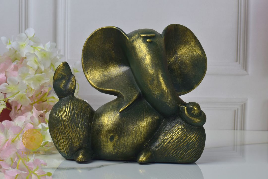 Rustic Ganesha Statue-Green (8x8 Inches)