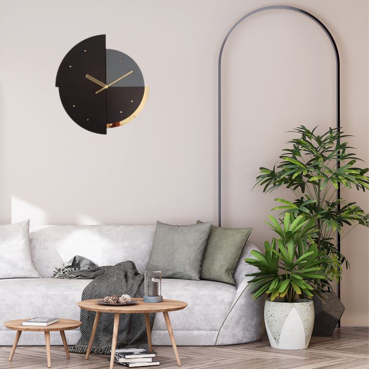 Modern Geometric Wall Clock – Black, Grey & Gold Accent | Minimalist Home Decor - The Gharnish - A Unit of Satkala Creations