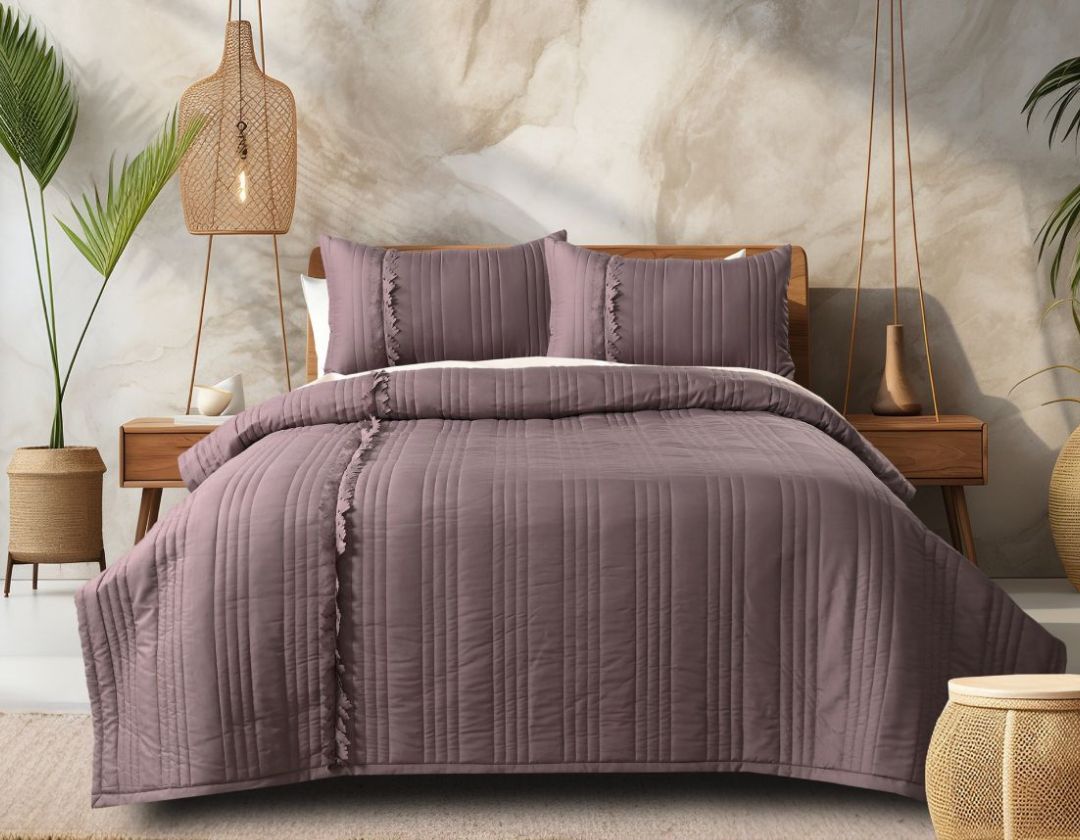 King size designer quilted bedcover with cut work frill in bedding, by The Gharnish, featuring intricate quilting and decorative frill details