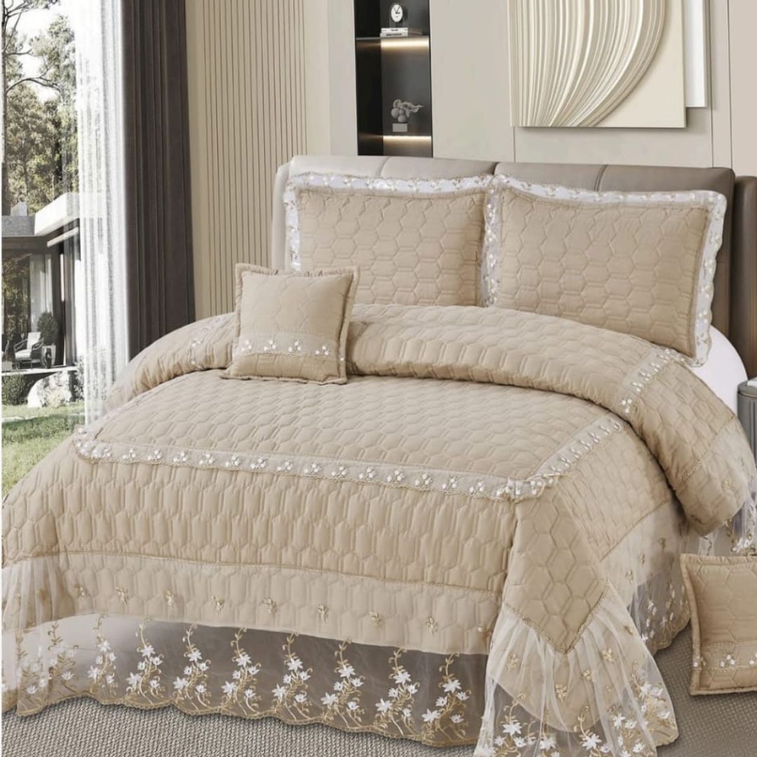 Super Soft Cotton feel  King Size 5 Pc Quilted bedcover with frill - The Gharnish - A Unit of Satkala Creations