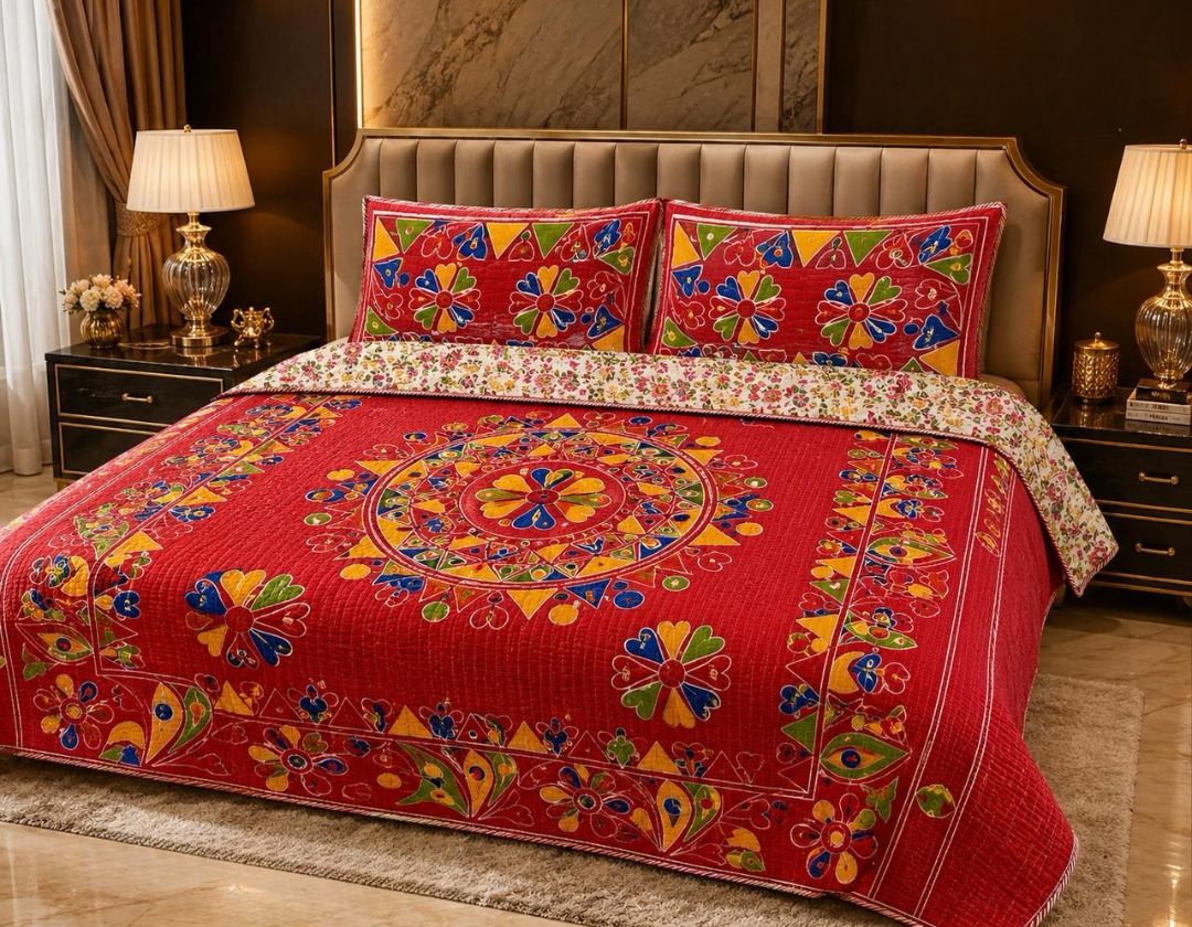 Ethnic 100% pure cotton reversible king size bedcover by The Gharnish, showcasing vibrant traditional patterns and soft fabric.