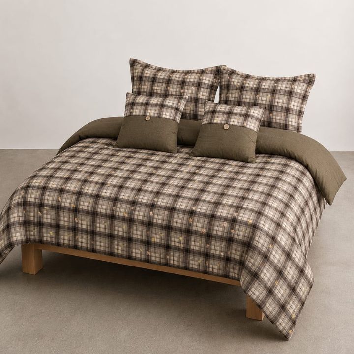 Gingham 6-piece premium comforter bedding set by The Gharnish with matching pillow shams and decorative cushions on a bed.