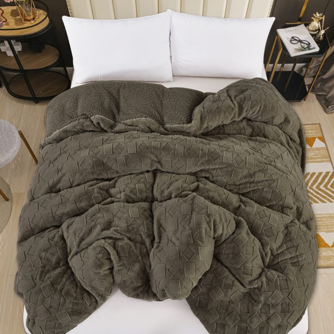 Luxury 2-in-1 rabbit fur and sherpa blanket with duvet cover from The Gharnish, all-season cozy bedding for warmth and comfort.