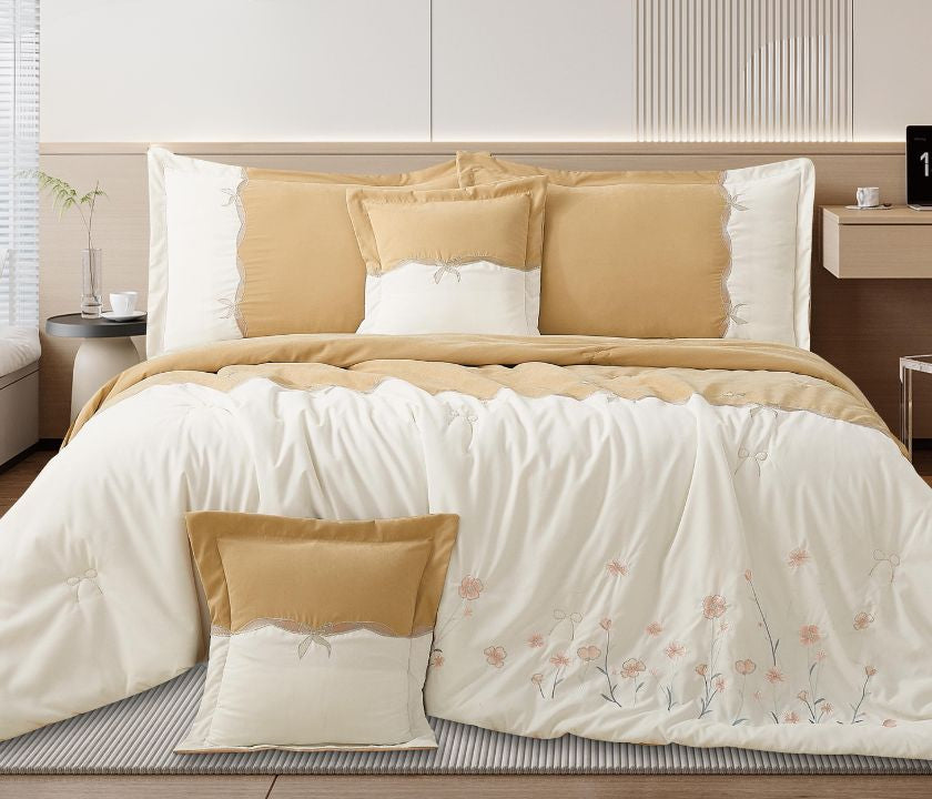 Floral embroidered bedding set by The Gharnish featuring soft luxury bedcover with colorful floral patterns on modern bedroom bedding.