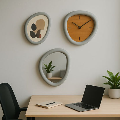 Organic Shape Wall Decor Set – Modern Clock, Mirror & Art Panel (Set of 3)