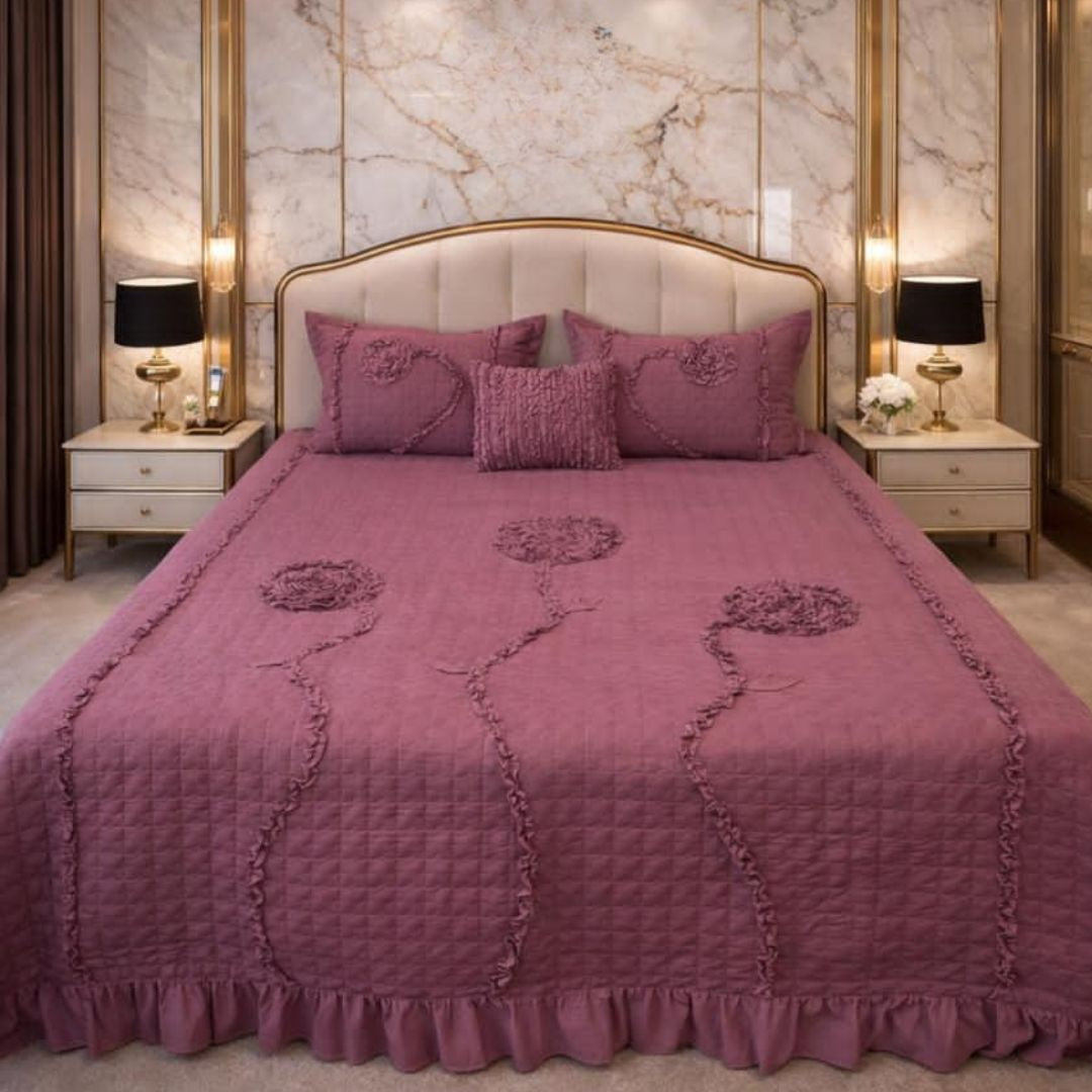 Ivory leaf handwork super designer king size quilted bedcover from The Gharnish, featuring intricate leaf patterns on soft bedding fabric.