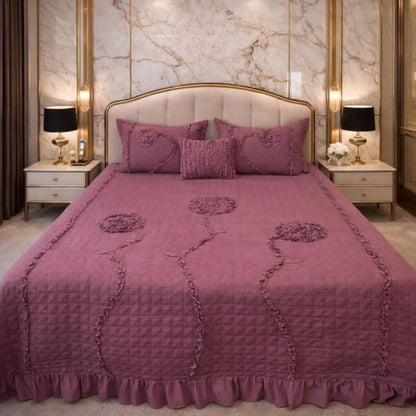 Ivory leaf handwork super designer king size quilted bedcover from The Gharnish, featuring intricate leaf patterns on soft bedding fabric.
