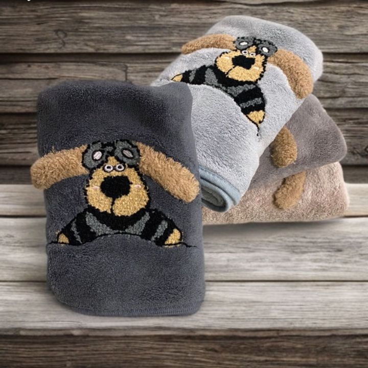 Playful Pup Embroidered Grey Towel – Soft Cotton for Kids & Pet Lovers - The Gharnish - A Unit of Satkala Creations