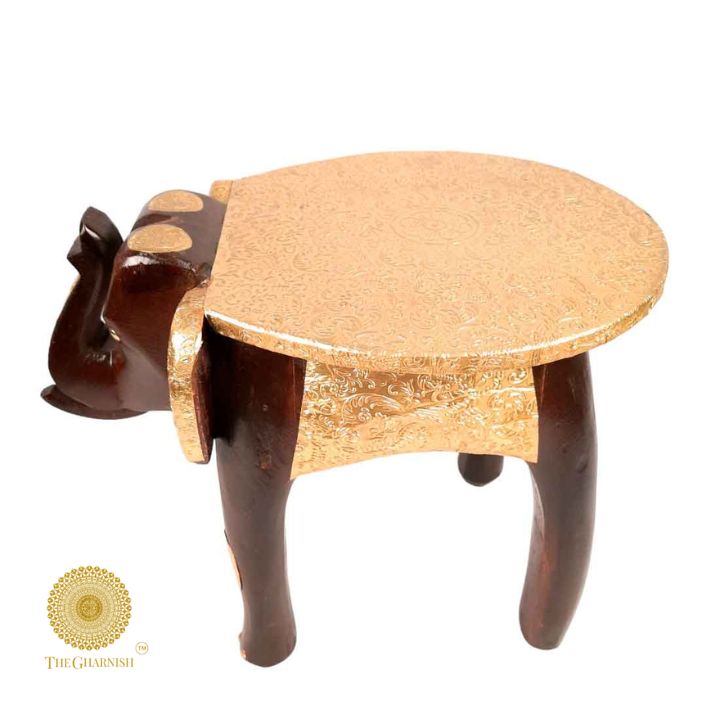 Rajasthani Wooden Elephant Stool With Brass Plating - The Gharnish - A Unit of Satkala Creations