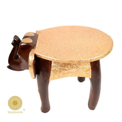 Rajasthani Wooden Elephant Stool With Brass Plating