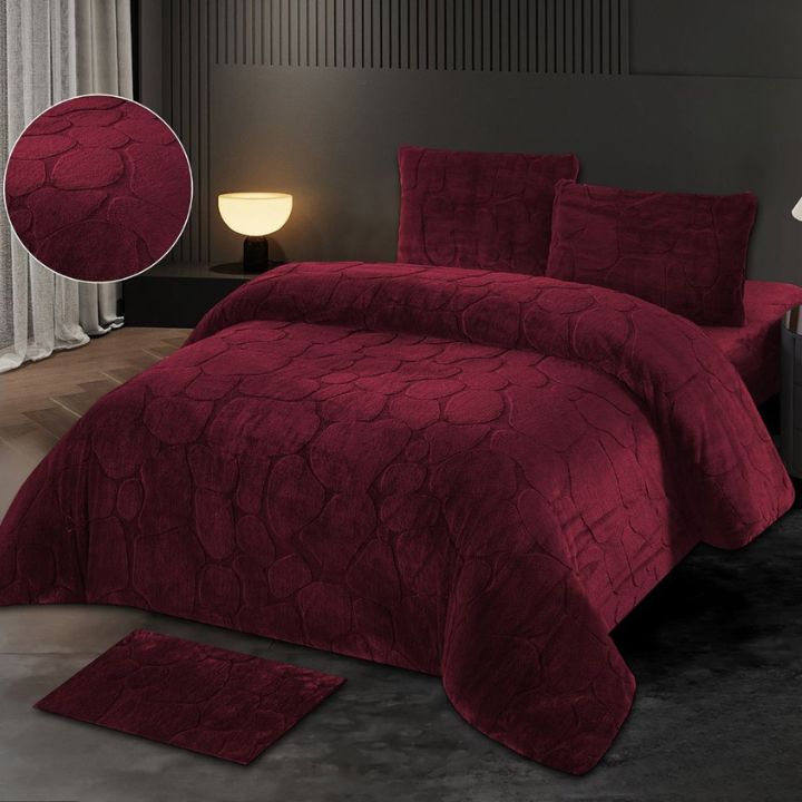 Embossed Stone Pattern 5 Pcs Rabbit Fur Duvet Cover Set - The Gharnish - A Unit of Satkala Creations