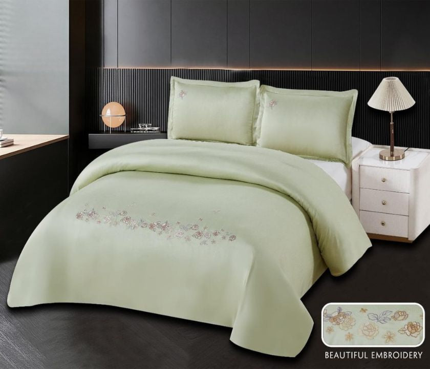 Elegant 100% cotton embroidery bedding set by The Gharnish featuring intricate stitched patterns and soft, comfortable fabric.