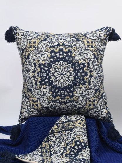 Pure Cotton Blue Hanblocked Cushion Cover with Tussels - The Gharnish - A Unit of Satkala Creations