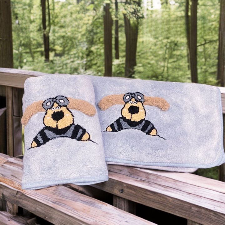 Playful Pup Embroidered Grey Towel – Soft Cotton for Kids & Pet Lovers - The Gharnish - A Unit of Satkala Creations