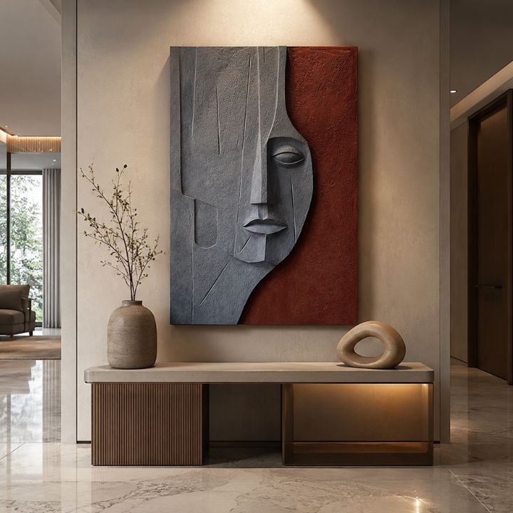 Wooden wall art featuring a 3D abstract face design titled Silent Reflection by The Gharnish for contemporary home decor.