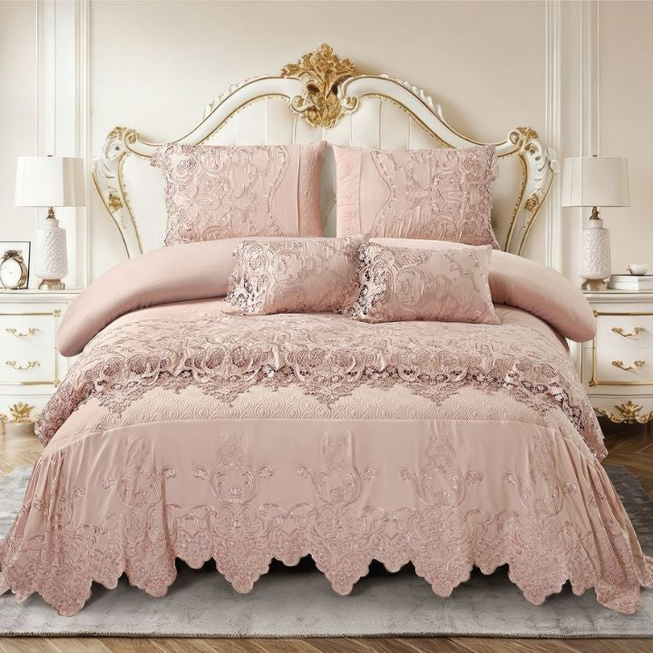 Luxury embroidered bedding set by The Gharnish featuring quilted bedcover with lace border for king size beds.