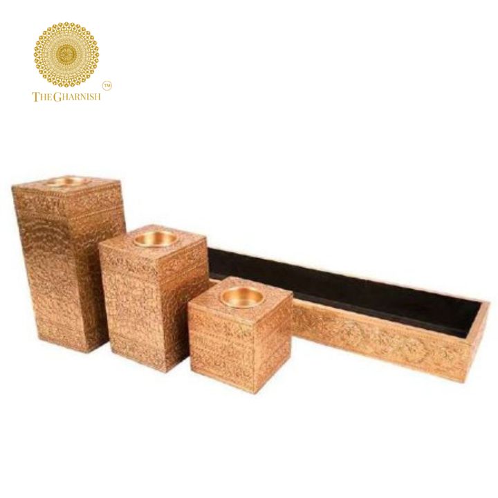 Wooden With Brass Coating Candle Holder Stand - The Gharnish - A Unit of Satkala Creations