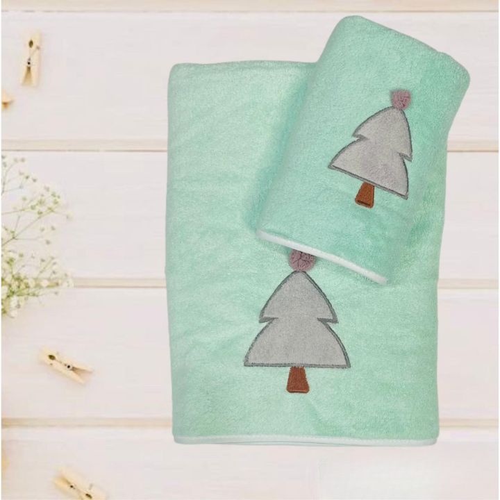 Sunny Pine embroidered towel set by The Gharnish features soft cotton towels for kids and baby bath time, with colorful pine tree embroidery.