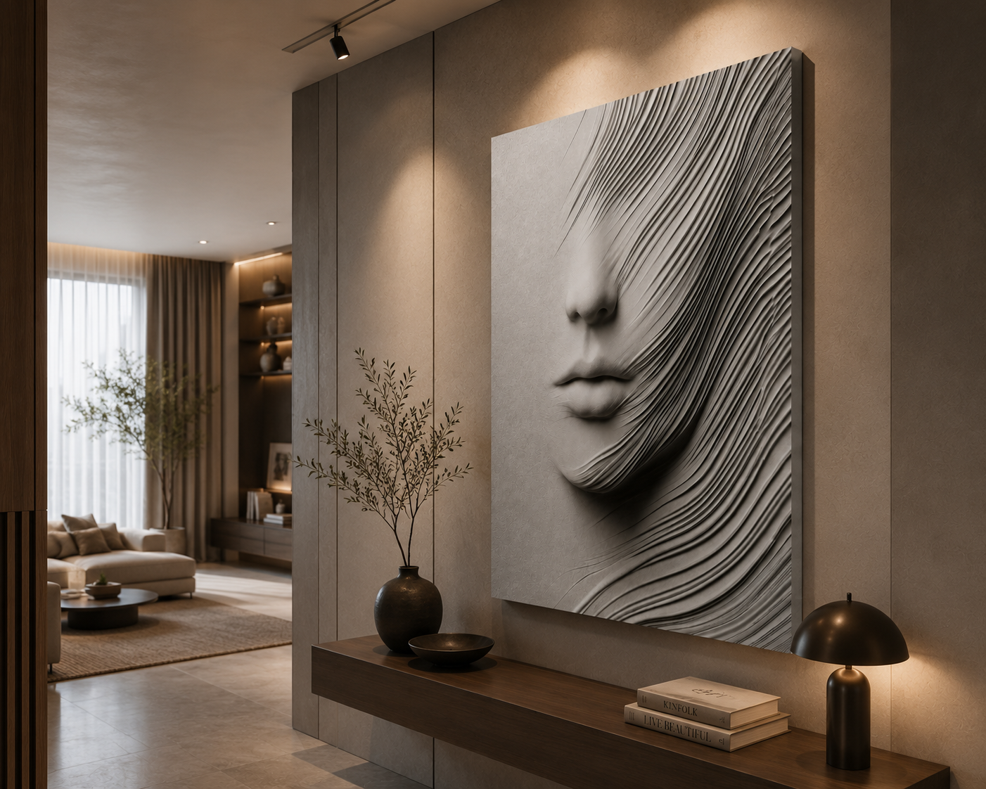 A large rectangular wall art piece featuring a sculptural face with flowing hair in black, gray, and white tones, displayed in a modern interior hallway above a console table with a vase, books, and a lamp.