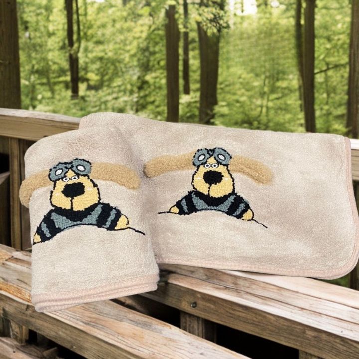 Playful Pup Embroidered Grey Towel – Soft Cotton for Kids & Pet Lovers - The Gharnish - A Unit of Satkala Creations