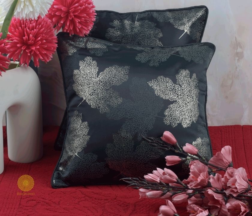 Maple Leaf Pattern Dark Grey Cushion Set of 2