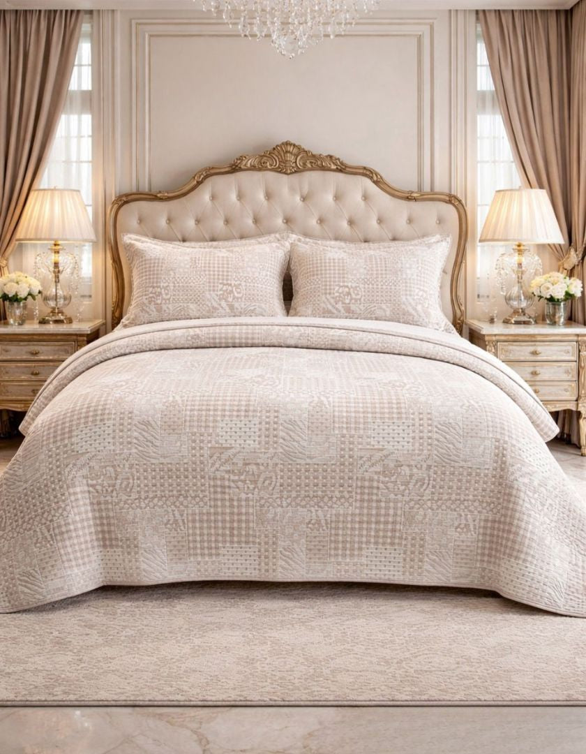 Reversible king size bedding bedcover with lightweight jacquard quilted design by The Gharnish, featuring intricate patterns in neutral tones.