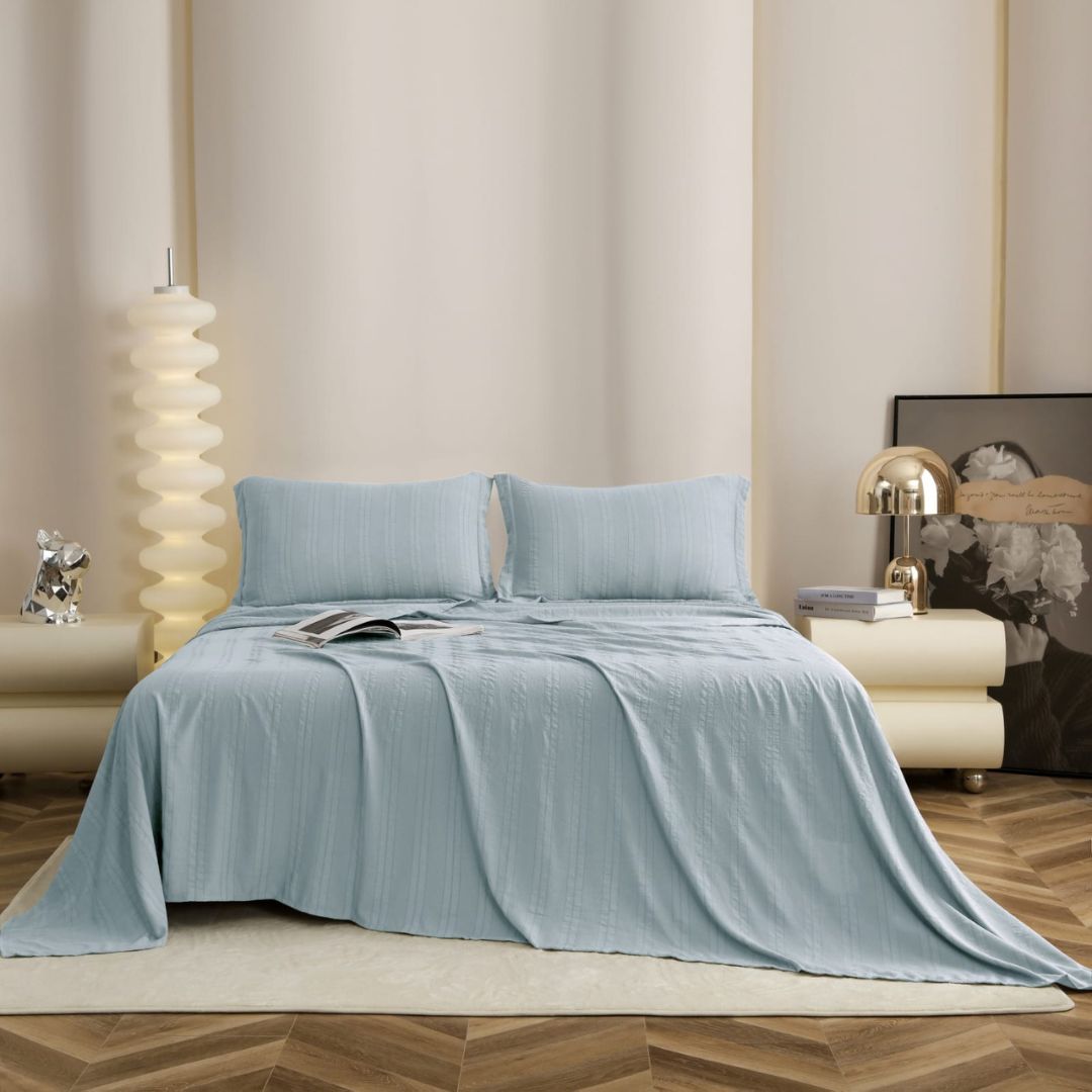 Soft English color bedding 3-piece set from The Gharnish, featuring a premium bedsheet and matching pillowcases on a neatly made bed.