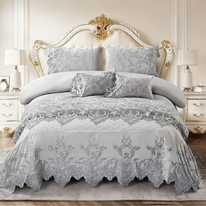 Luxury embroidered bedcover set with lace border, quilted bedding for king size bed, by The Gharnish.