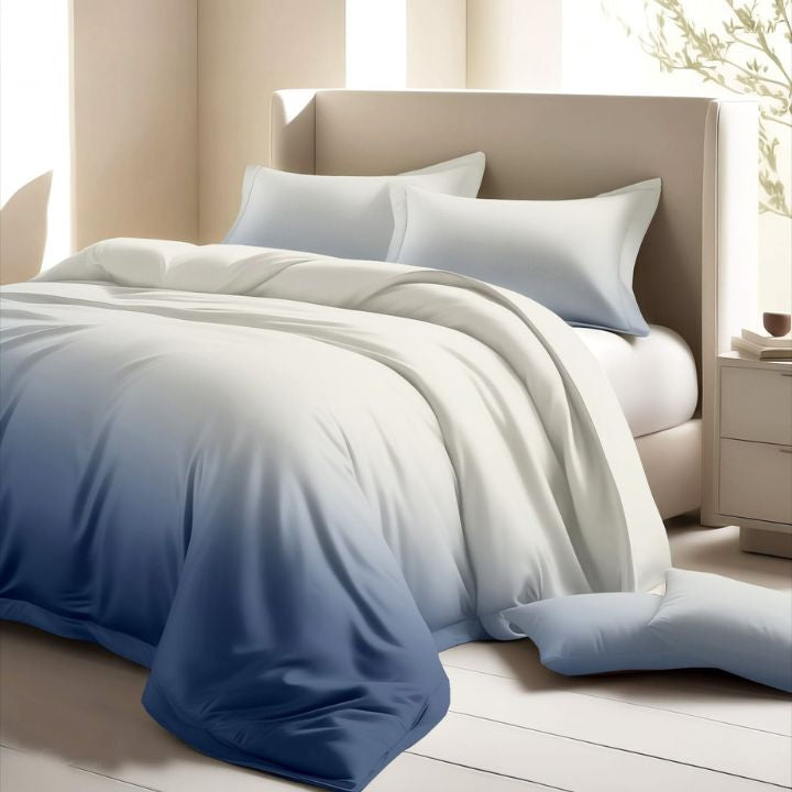 Colorful cotton bedding from The Gharnish Ombrey series featuring vibrant patterns and 300 thread count for soft comfort.