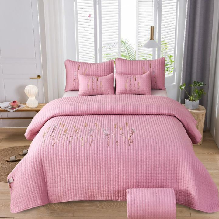 Crimson embroidered bedspread set with six-piece bedding craft from TheGharnish, featuring detailed thread embroidery on soft fabric.