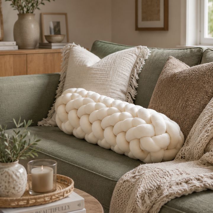 Modern Luxe Knot Bolster Cushion by The Gharnish, featuring a stylish woven design and plush fabric for elegant home decor.