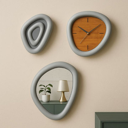Organic Shape Wall Decor Set – Modern Clock, Mirror & Art Panel (Set of 3)