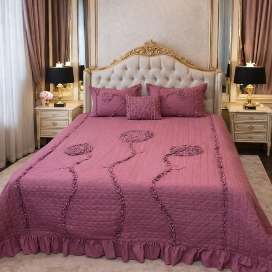 Ivory leaf handwork designer king size quilted bedcover from The Gharnish, featuring intricate leaf patterns and elegant bedding design.