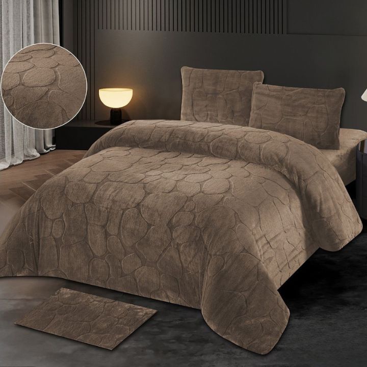 Embossed Stone Pattern 5 Pcs Rabbit Fur Duvet Cover Set - The Gharnish - A Unit of Satkala Creations