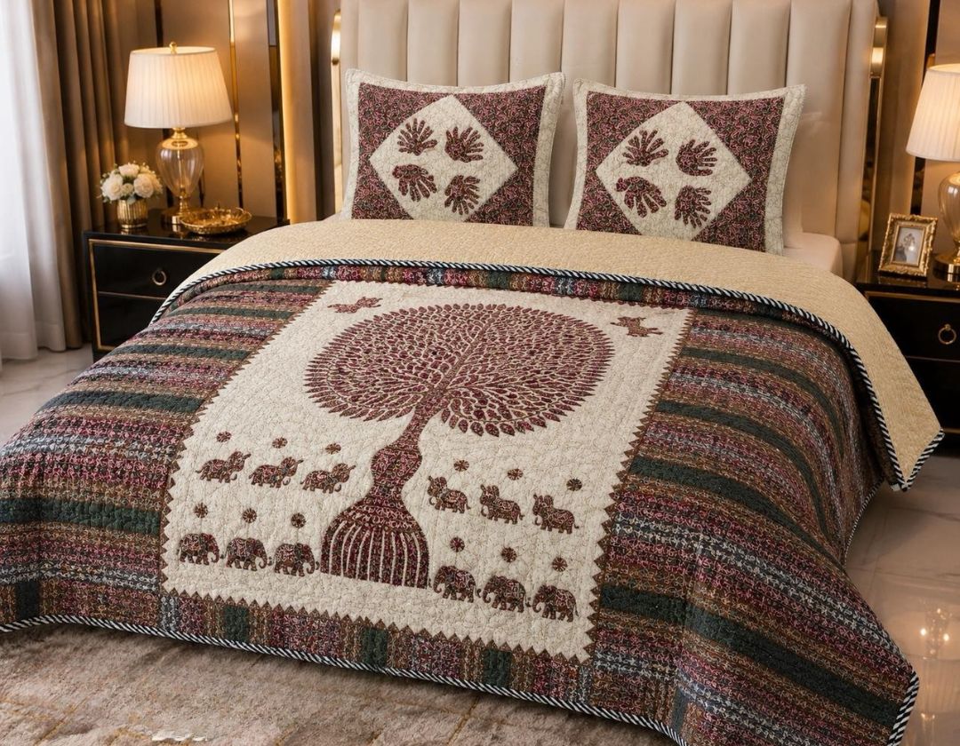 Pure cotton reversible king-size bedding bedcover with intricate ethnic patterns from The Gharnish, showcasing vibrant colors and detailed design.