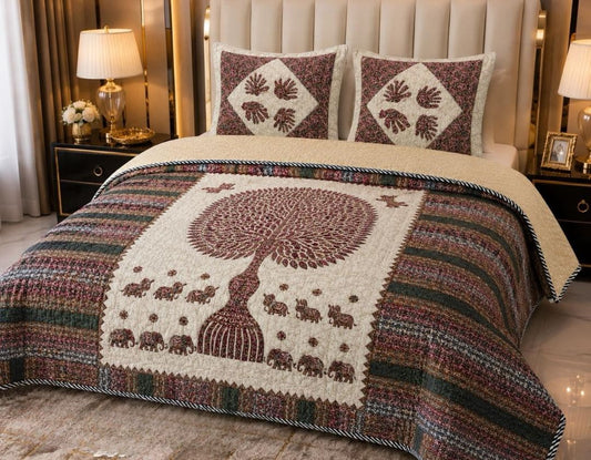 Pure cotton reversible king-size bedding bedcover with intricate ethnic patterns from The Gharnish, showcasing vibrant colors and detailed design.