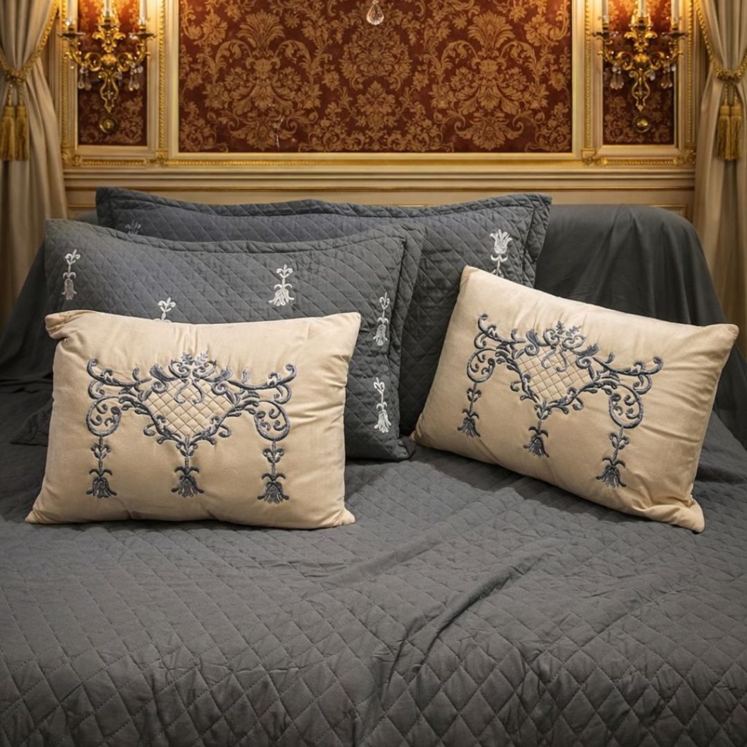 Luxurious quilted bedcover from The Gharnish Urban Designer bedding collection, featuring intricate quilting and elegant design.