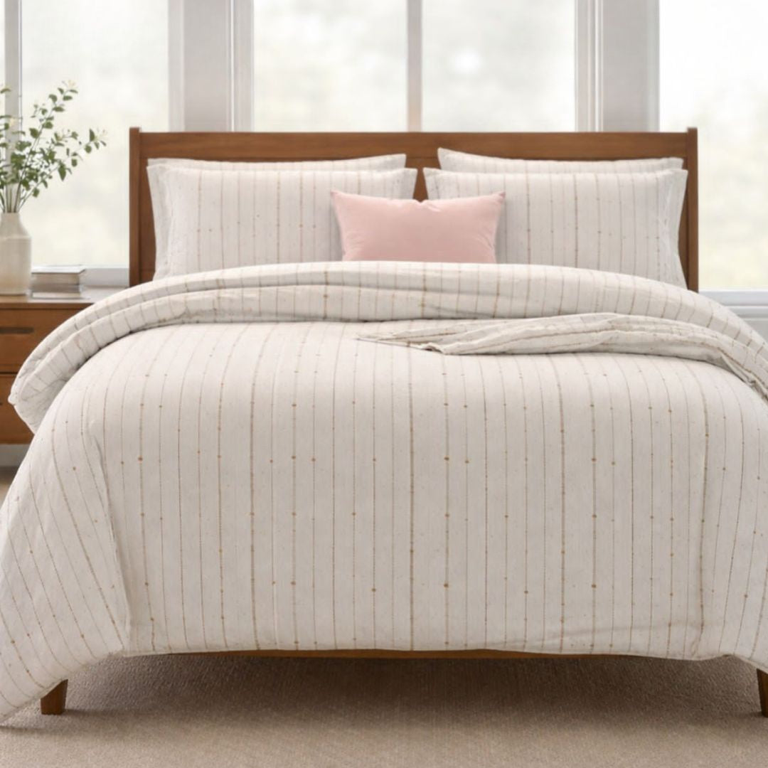 Turkish super-premium tufted cotton blend reversible comforter set with four bedding pieces, featuring textured patterns and cozy design.