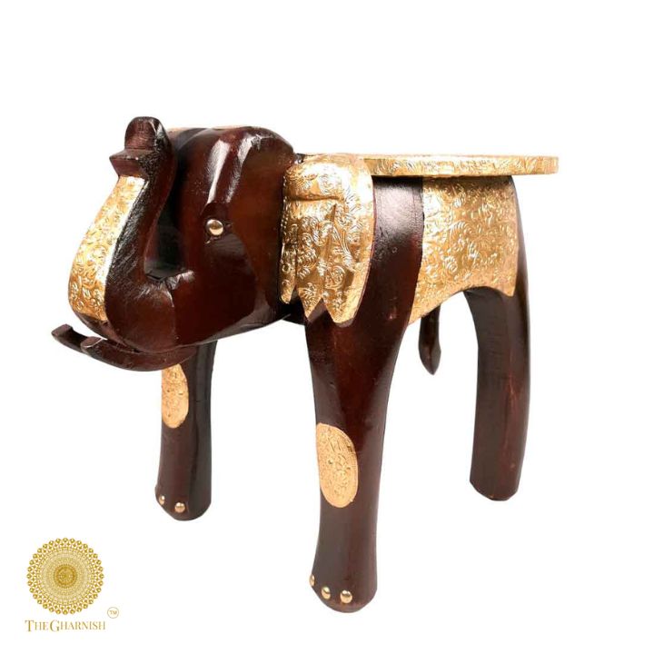 Rajasthani Wooden Elephant Stool With Brass Plating