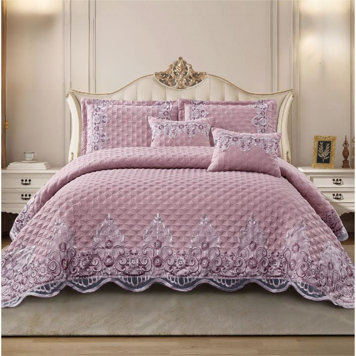 Luxury embroidered bedding set by The Gharnish, five-piece Zunaira bedding collection with intricate design and soft fabric.